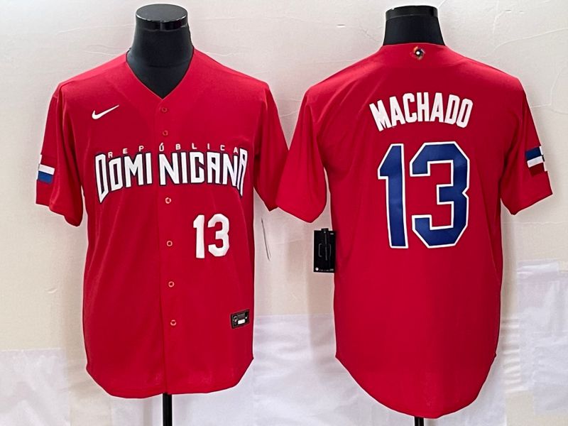 Men 2023 World Cub Dominicana 13 Machado Red Nike MLB Jersey3